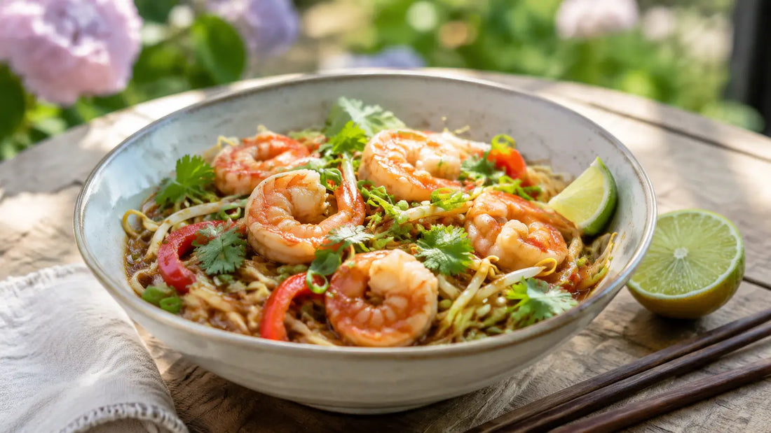 Lemongrass prawn noodles with king prawns, peppers, bean sprouts, coriander and fresh lime.