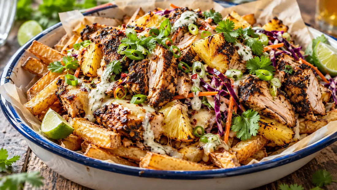 Loaded jerk chicken and pineapple fries with colourful slaw and lime