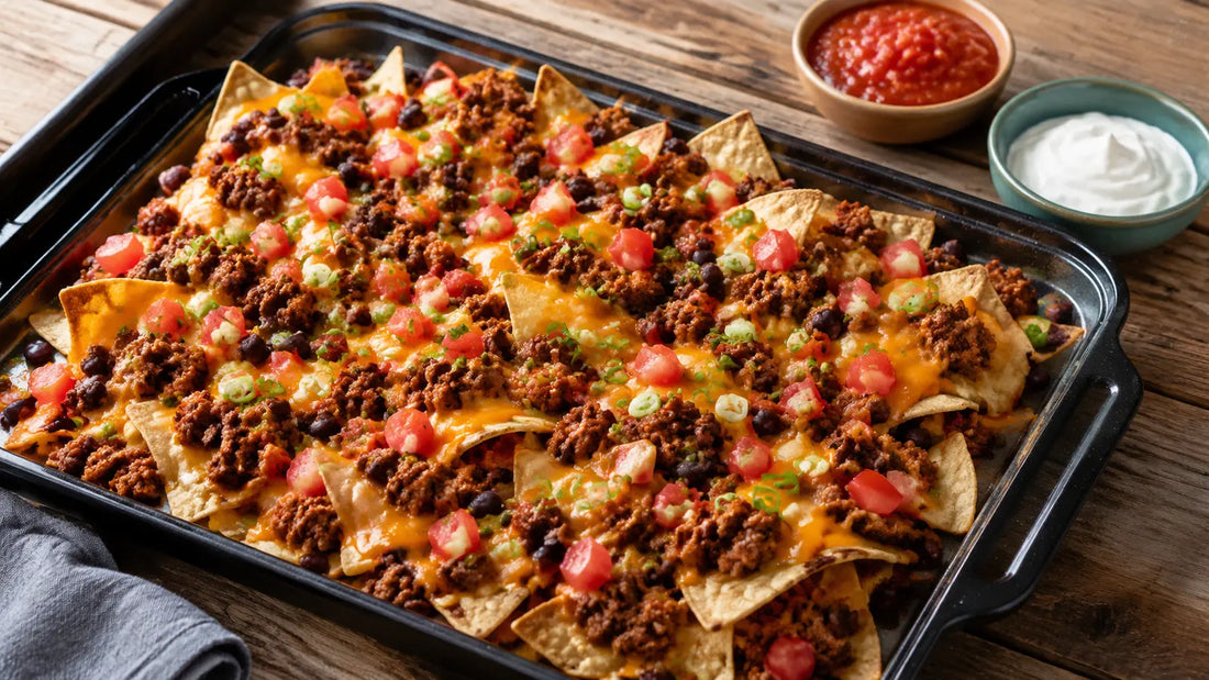 Loaded taco-spiced nachos with seasoned beef, black beans, melted cheese, fresh tomato, spring onion, salsa and sour cream.