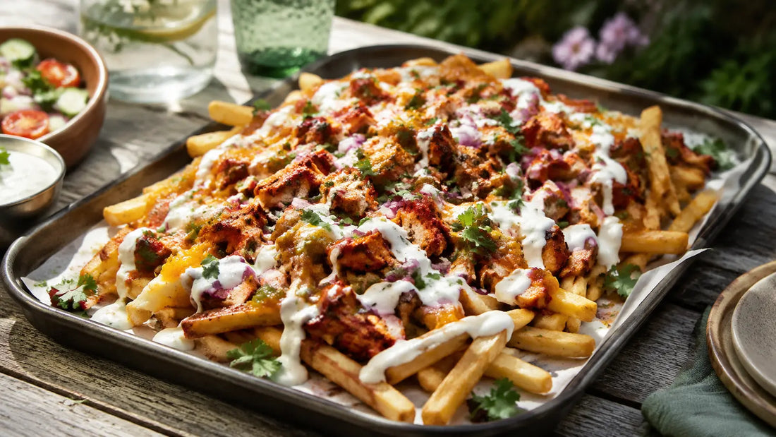 Loaded tandoori chicken fries with red onion, coriander, yoghurt drizzle and mango chutney.