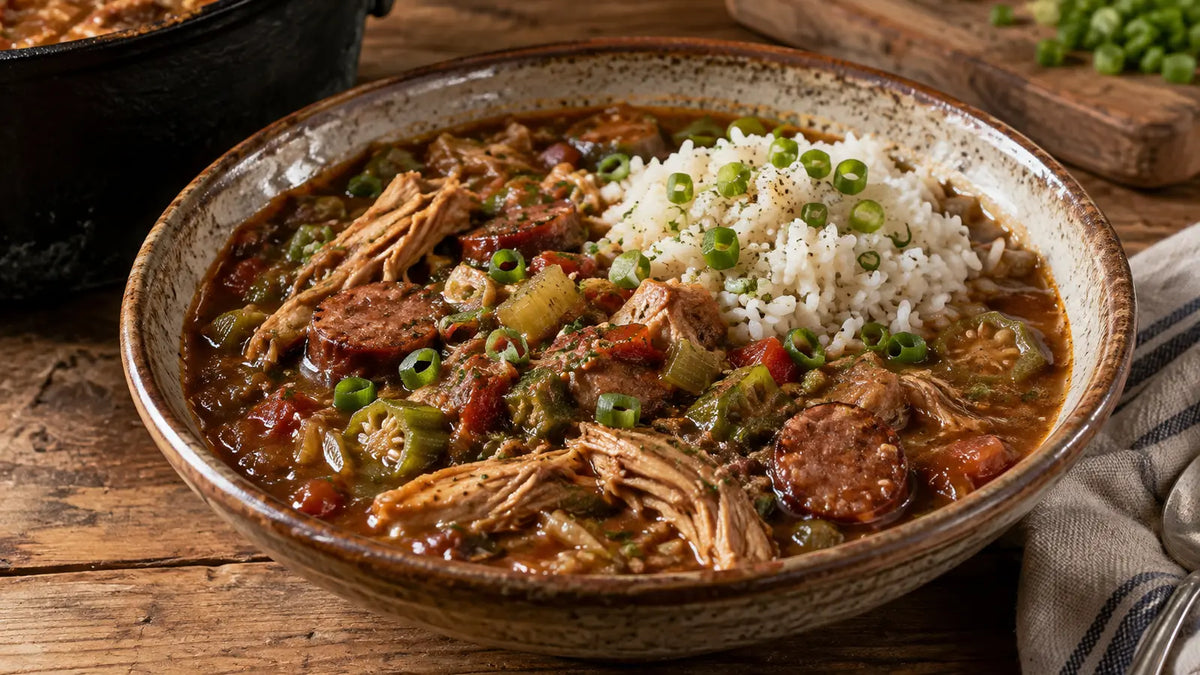 Louisiana-style chicken and smoked sausage gumbo with okra, peppers and white rice in a rustic ceramic bowl.