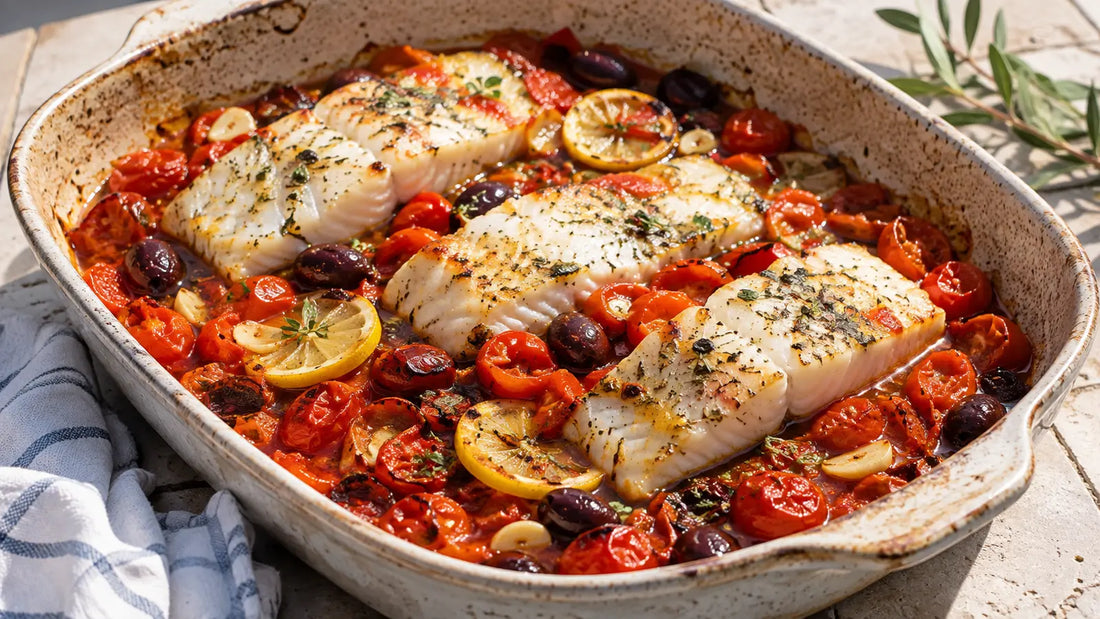 Mediterranean baked cod fillets with cherry tomatoes, Kalamata olives, garlic, lemon and aromatic herbs.