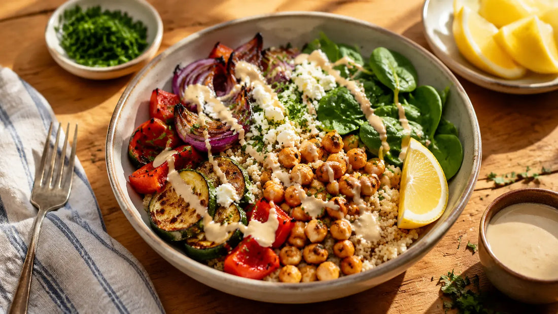 Mediterranean chickpea bowl with roasted vegetables, spinach, feta and creamy lemon-tahini drizzle.