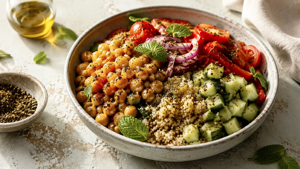 Mediterranean chickpea bowl with quinoa, cucumber, tomatoes, red onion and herby Za’atar dressing.