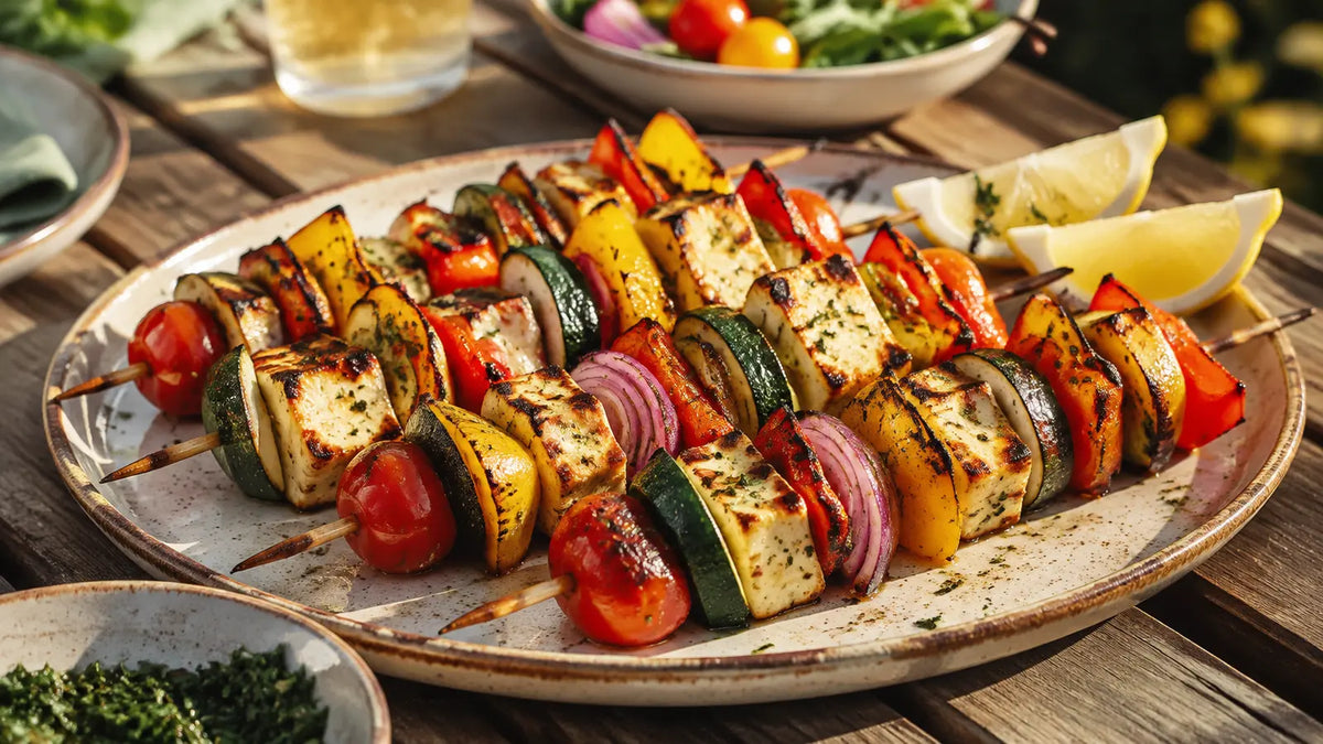 Mediterranean halloumi and vegetable skewers with courgette, peppers, red onion, tomatoes and lemon.