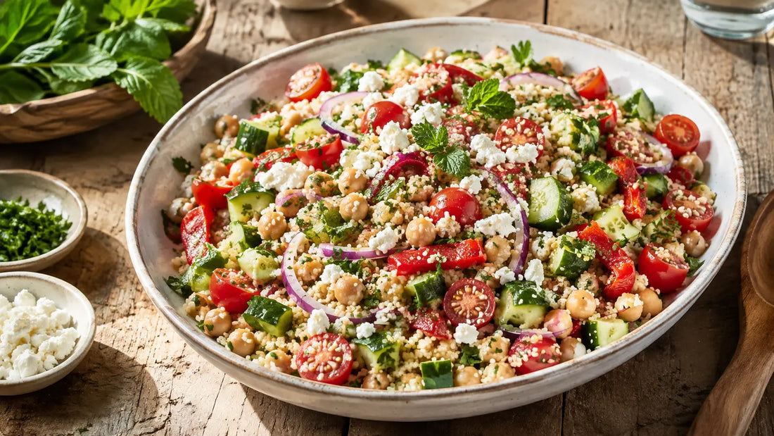 Mediterranean lemon-herb couscous salad with chickpeas, cucumber, tomatoes, roasted pepper, feta and fresh herbs.