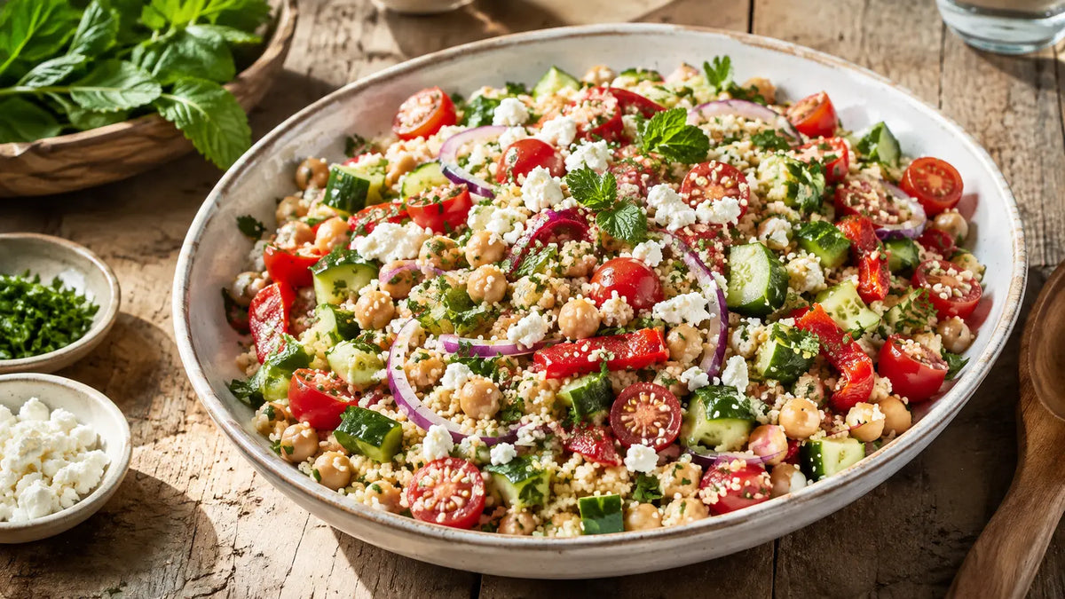 Mediterranean lemon-herb couscous salad with chickpeas, cucumber, tomatoes, roasted pepper, feta and fresh herbs.