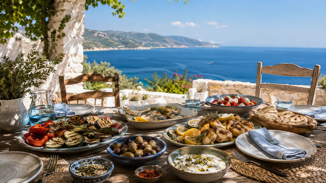 Mediterranean outdoor dining table filled with grilled vegetables, chicken, fish, flatbreads and dips overlooking a deep blue sea beneath a sunny sky.