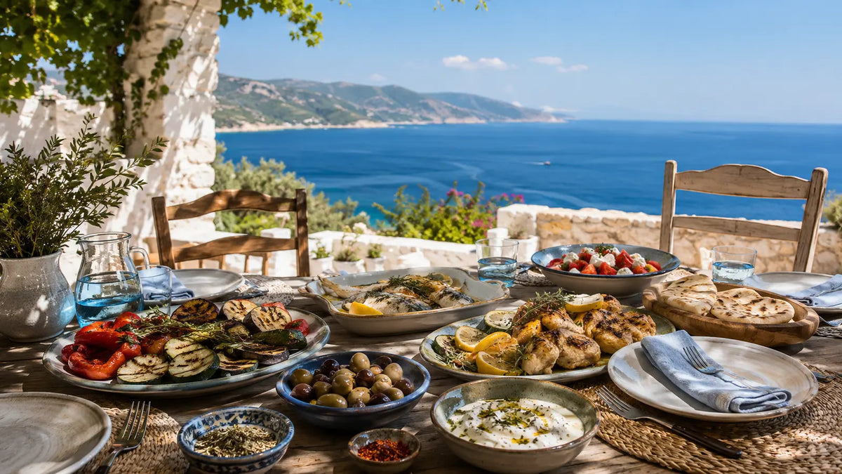 Mediterranean outdoor dining table filled with grilled vegetables, chicken, fish, flatbreads and dips overlooking a deep blue sea beneath a sunny sky.