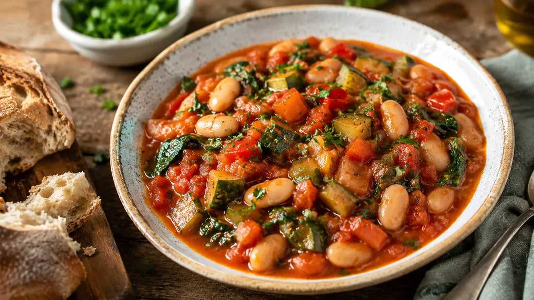 Mediterranean tomato and butter bean stew with courgette, red pepper, spinach and fresh parsley.