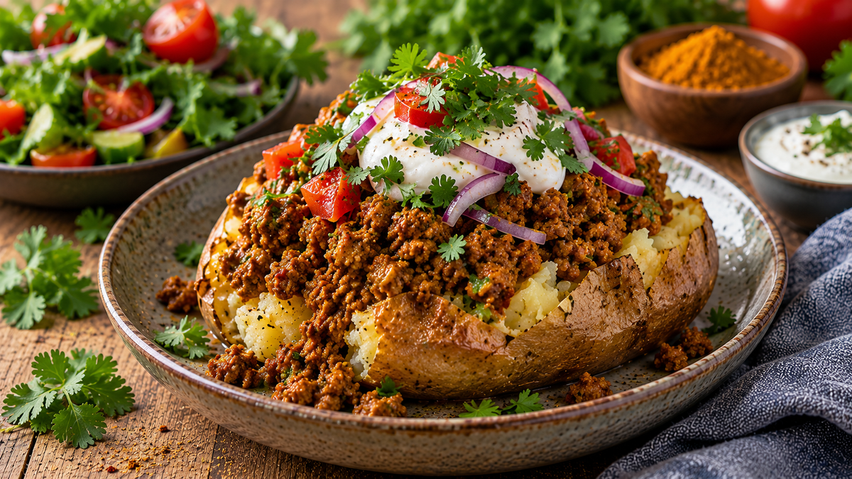 Medium Curry beef keema served over a crisp baked potato with yoghurt, coriander and red onion