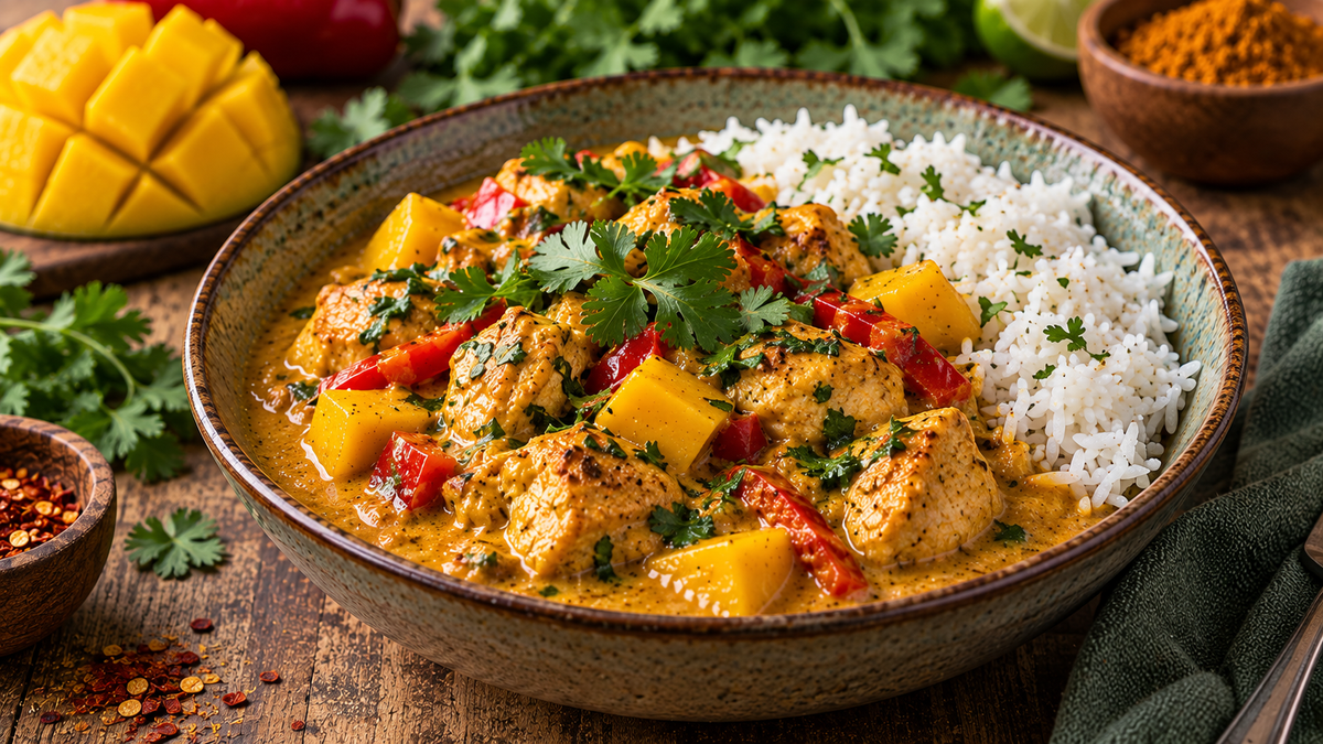Medium Curry Chicken and Mango Curry with basmati rice, fresh coriander and mango