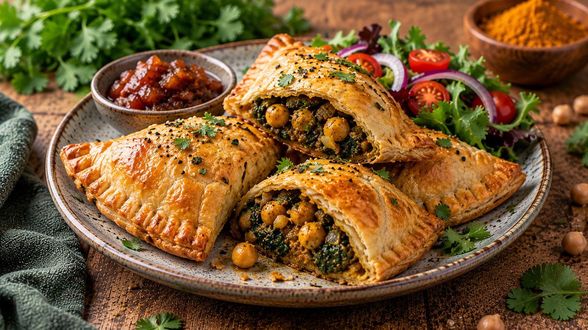 Medium Curry chickpea and spinach pies with golden flaky pastry, fresh salad and yoghurt dip