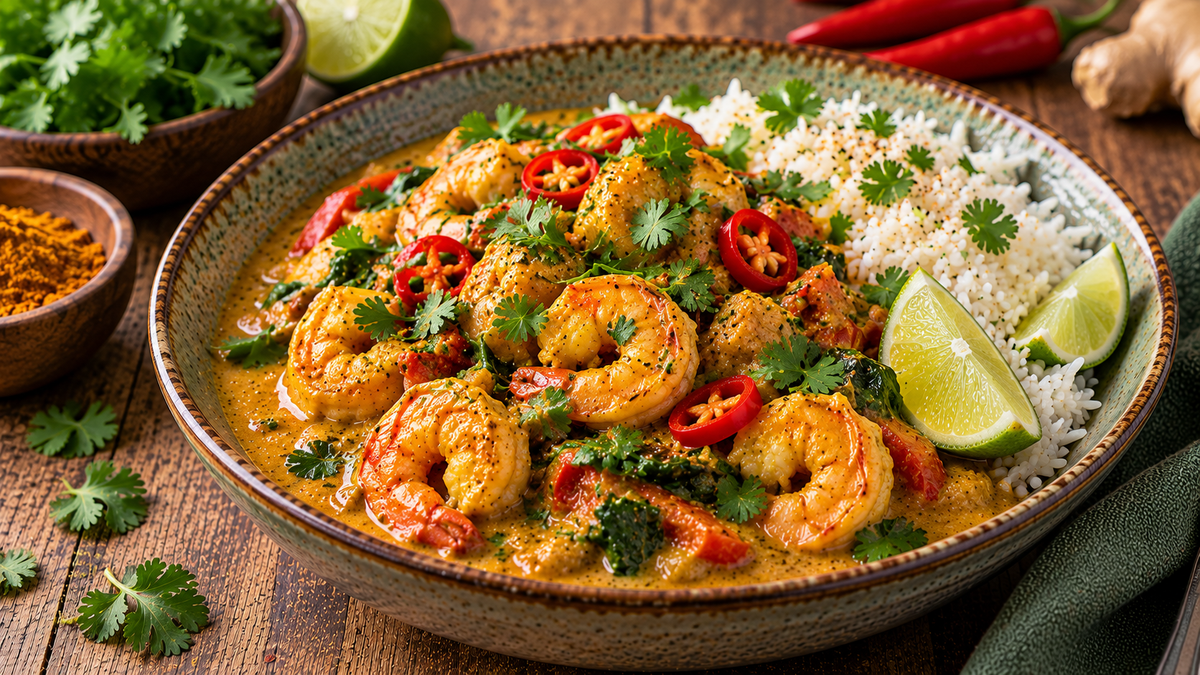 Medium Curry coconut prawns with basmati rice, lime, fresh coriander and red chilli
