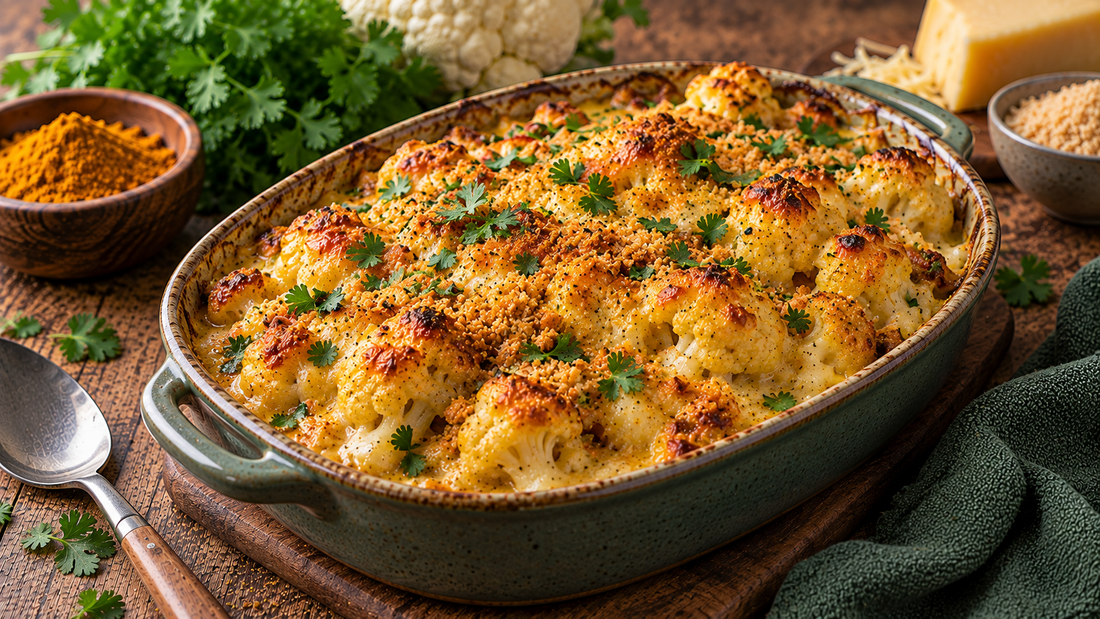 Medium Curry spiced cauliflower cheese with a golden bubbling cheese topping, breadcrumbs and fresh herbs