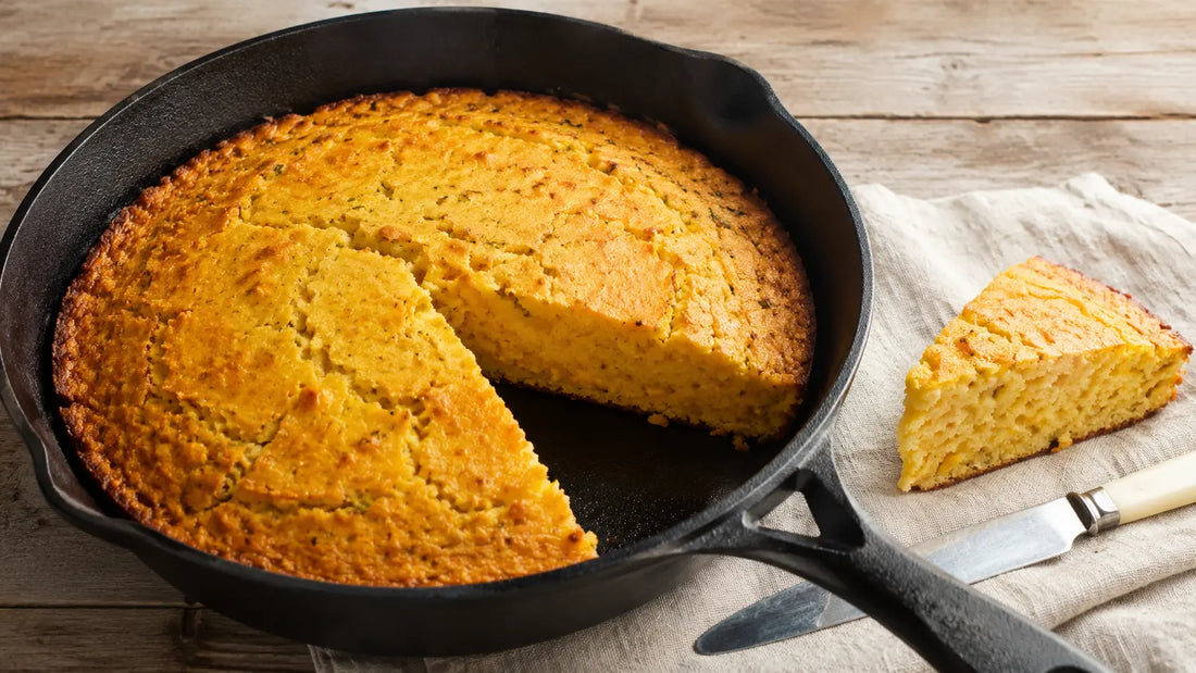 Golden Mexican Ranch cheddar cornbread baked in a cast-iron skillet with one wedge showing the moist sweetcorn crumb.