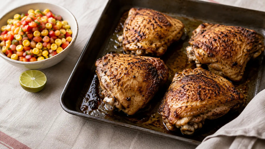 Roasted Mexican Ranch chicken thighs with crisp seasoned skin served with colourful sweetcorn, tomato and red pepper salsa.