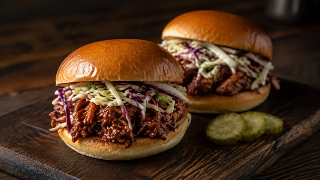 Mexican Ranch pulled pork brioche buns with smoky shredded pork, crunchy cabbage slaw and pickle slices.