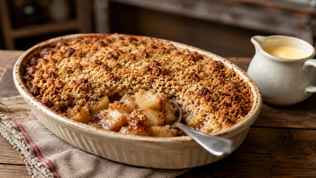 Homemade apple and pear crumble with a golden oat topping and mixed sweet spice, served with warm custard.