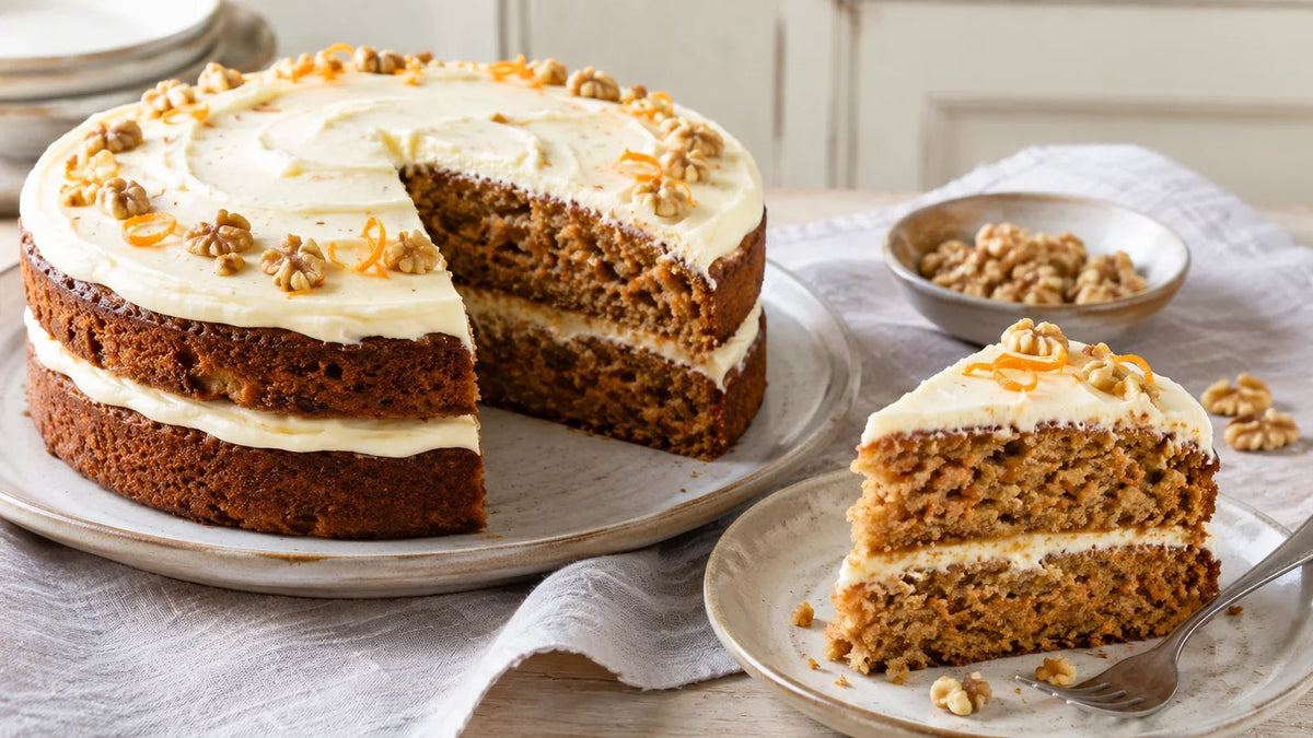 Two-layer mixed sweet spice carrot cake with cream cheese frosting, orange zest and walnuts, with one slice served.