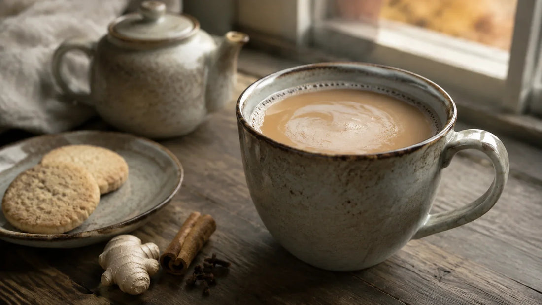 Creamy mixed sweet spice chai latte in a rustic ceramic mug beside a teapot, ginger, cinnamon and biscuits.