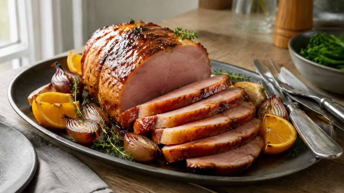 Sliced roast gammon with a glossy orange and mixed sweet spice glaze, roasted shallots and fresh thyme.
