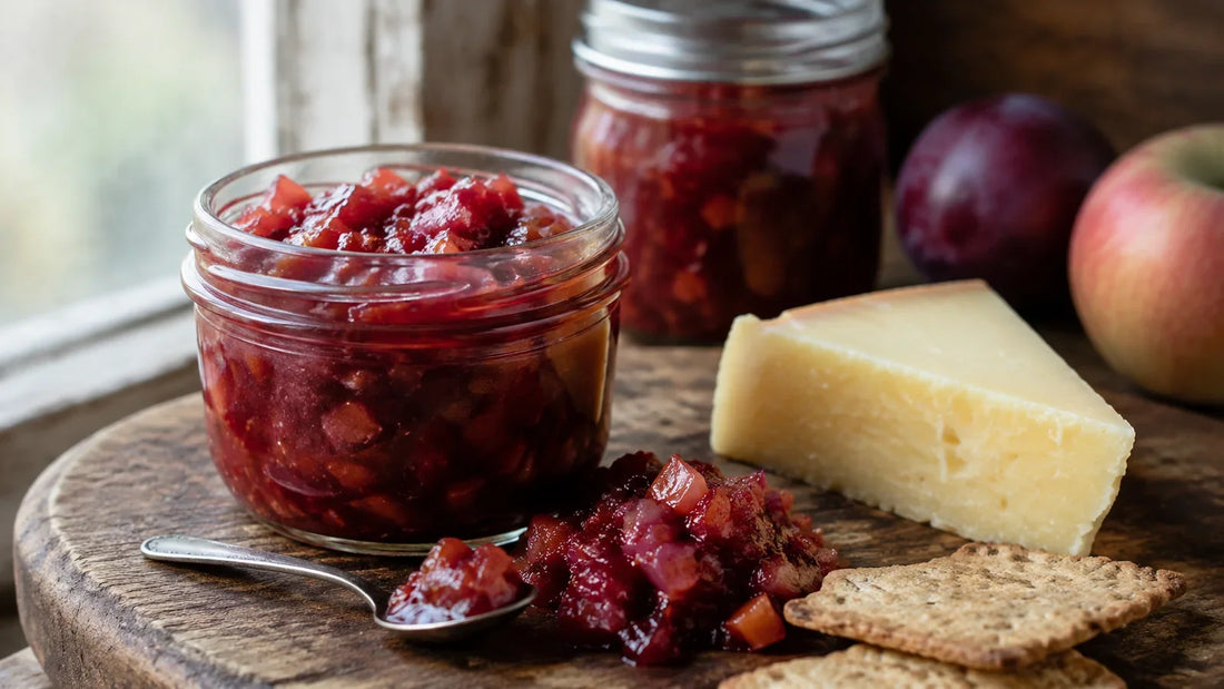 Chunky homemade plum and apple chutney flavoured with mixed sweet spice, served with mature cheddar and oat crackers.