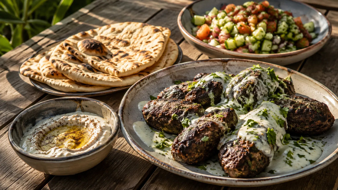 Moroccan Baharat beef koftas served with tahini yoghurt, flatbreads and chopped salad on a rustic outdoor table.