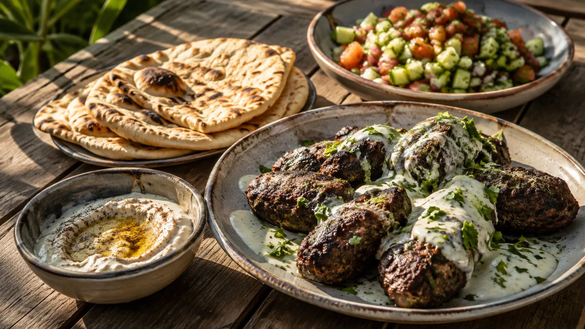 Moroccan Baharat beef koftas served with tahini yoghurt, flatbreads and chopped salad on a rustic outdoor table.