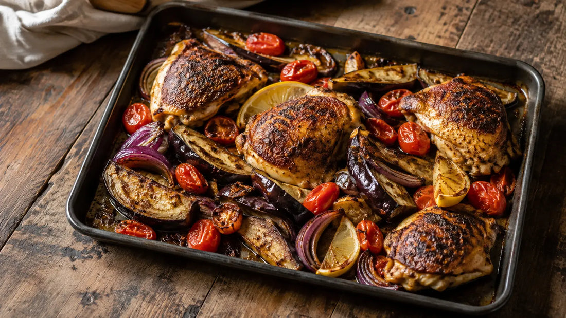 Moroccan Baharat chicken and aubergine traybake with roasted tomatoes, red onion and lemon.