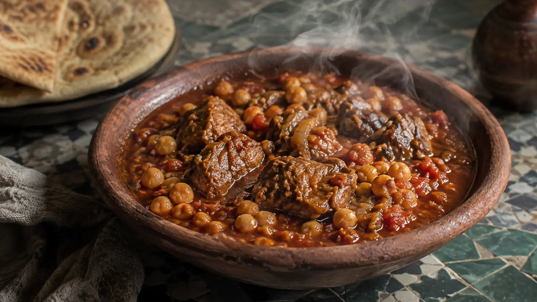 Moroccan Baharat lamb, tomato and chickpea stew served in a rustic bowl with flatbread.