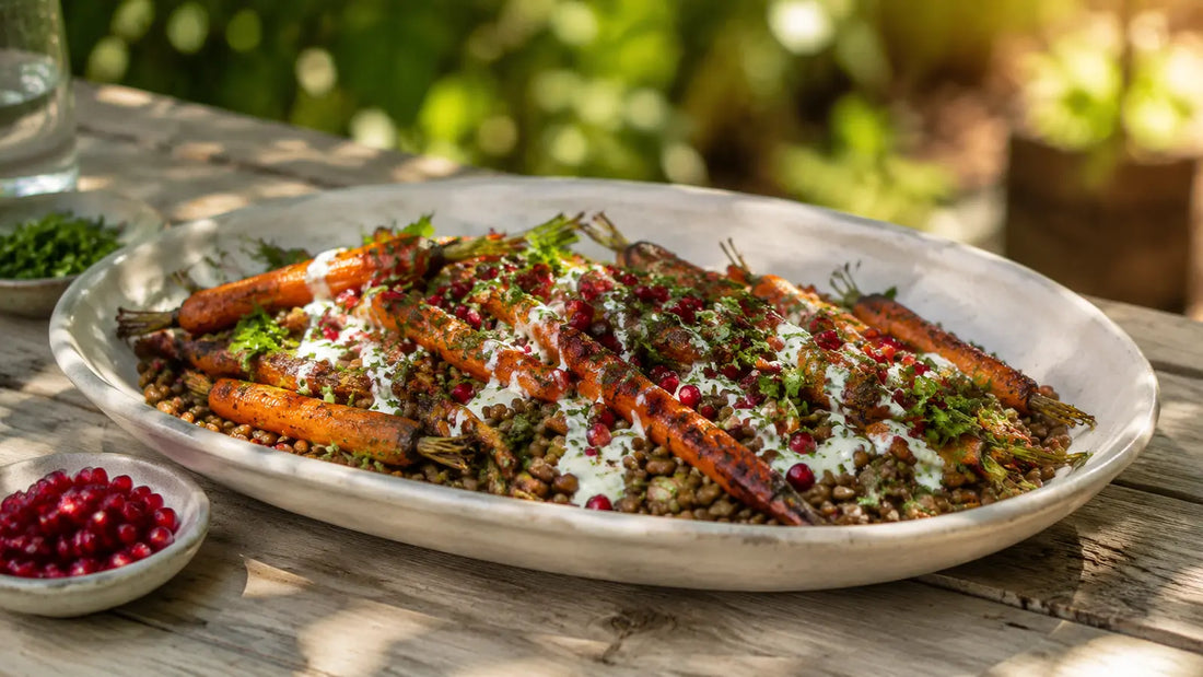 Moroccan Baharat roasted carrot and lentil salad with fresh herbs, pomegranate seeds and yoghurt drizzle.