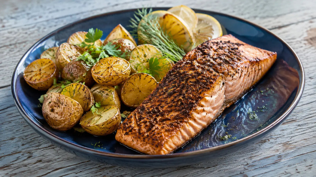 Moroccan Baharat spiced salmon served with golden lemon herb potatoes and fresh herbs.