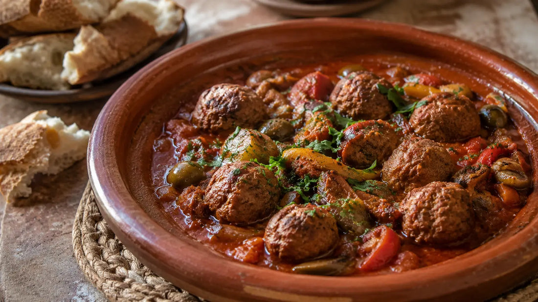 Moroccan Tagine beef meatballs simmered in tomato sauce with herbs.