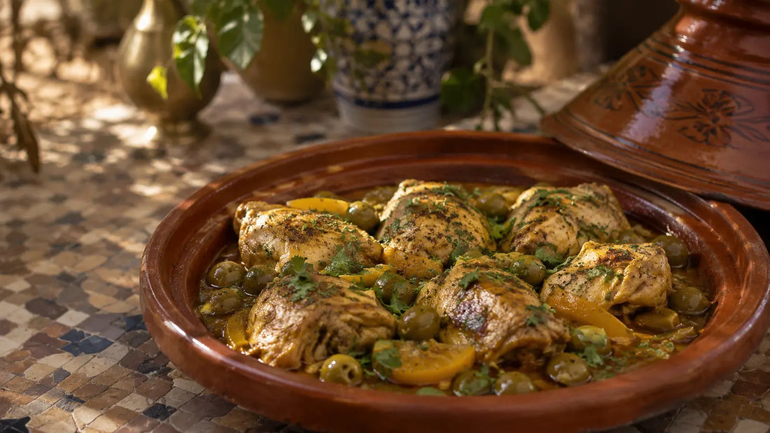 Moroccan Tagine chicken with preserved lemon, green olives and fresh coriander.
