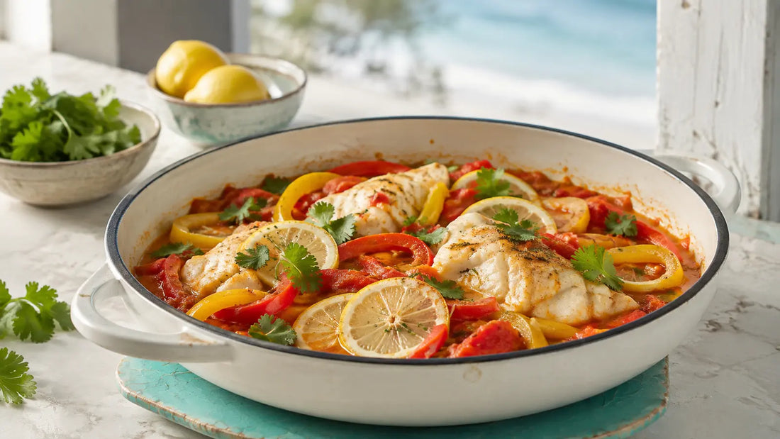 Moroccan Tagine fish with tomatoes, peppers, lemon and fresh coriander.