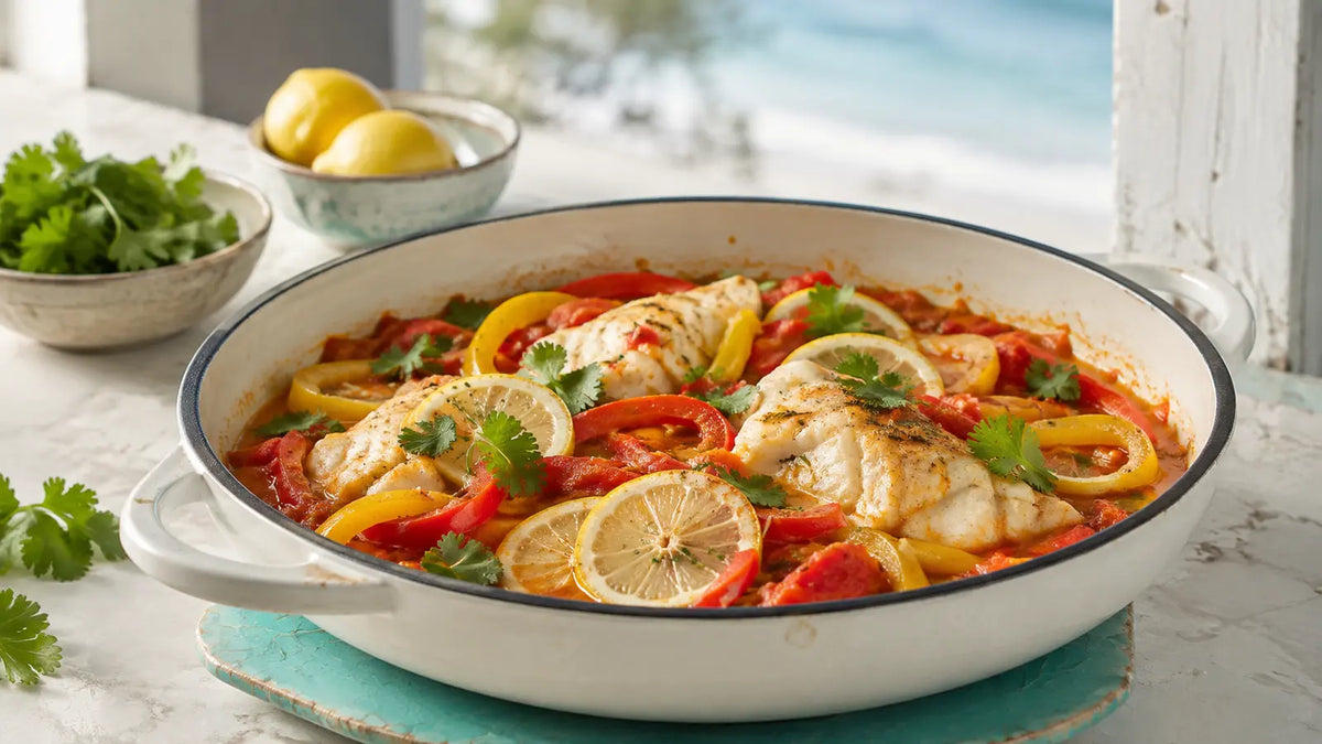 Moroccan Tagine fish with tomatoes, peppers, lemon and fresh coriander.