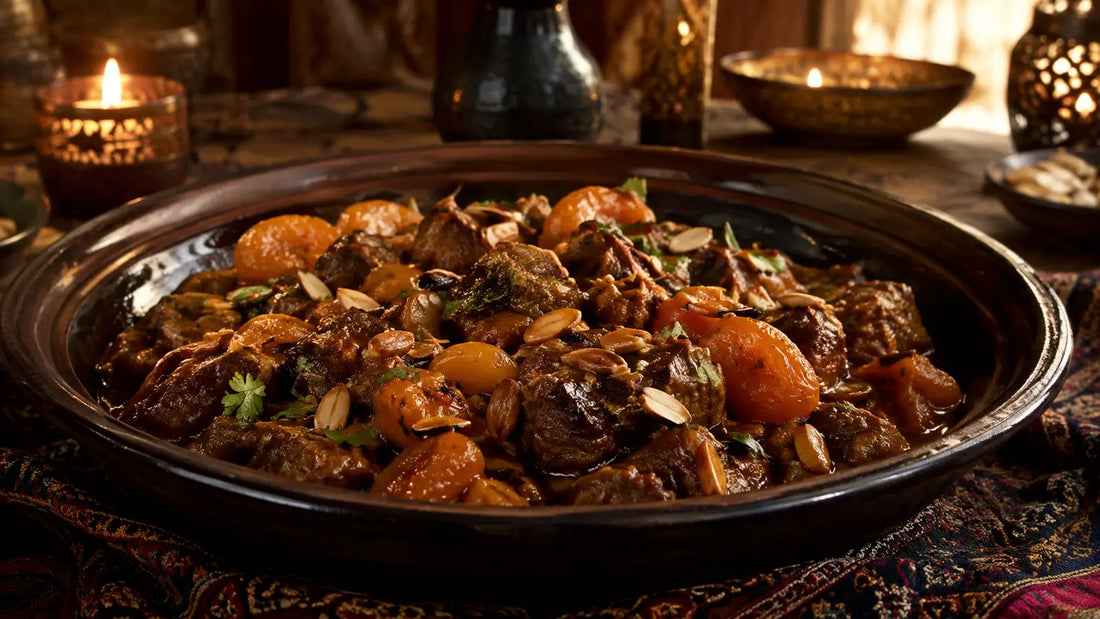 Moroccan Tagine lamb with apricots, toasted almonds and fresh herbs.