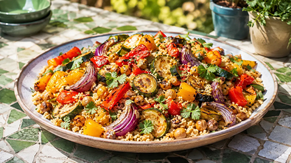 Moroccan Tagine roasted vegetable cous cous with courgette, peppers and fresh herbs.