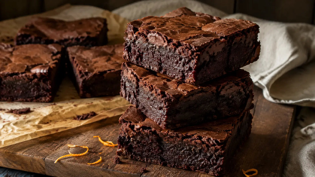 Rich fudgy mulled wine chocolate brownies with crackled tops and fine curls of fresh orange zest.
