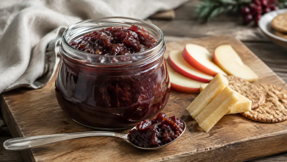 Homemade mulled wine Christmas chutney served with mature cheddar, oatcakes and crisp apple slices.