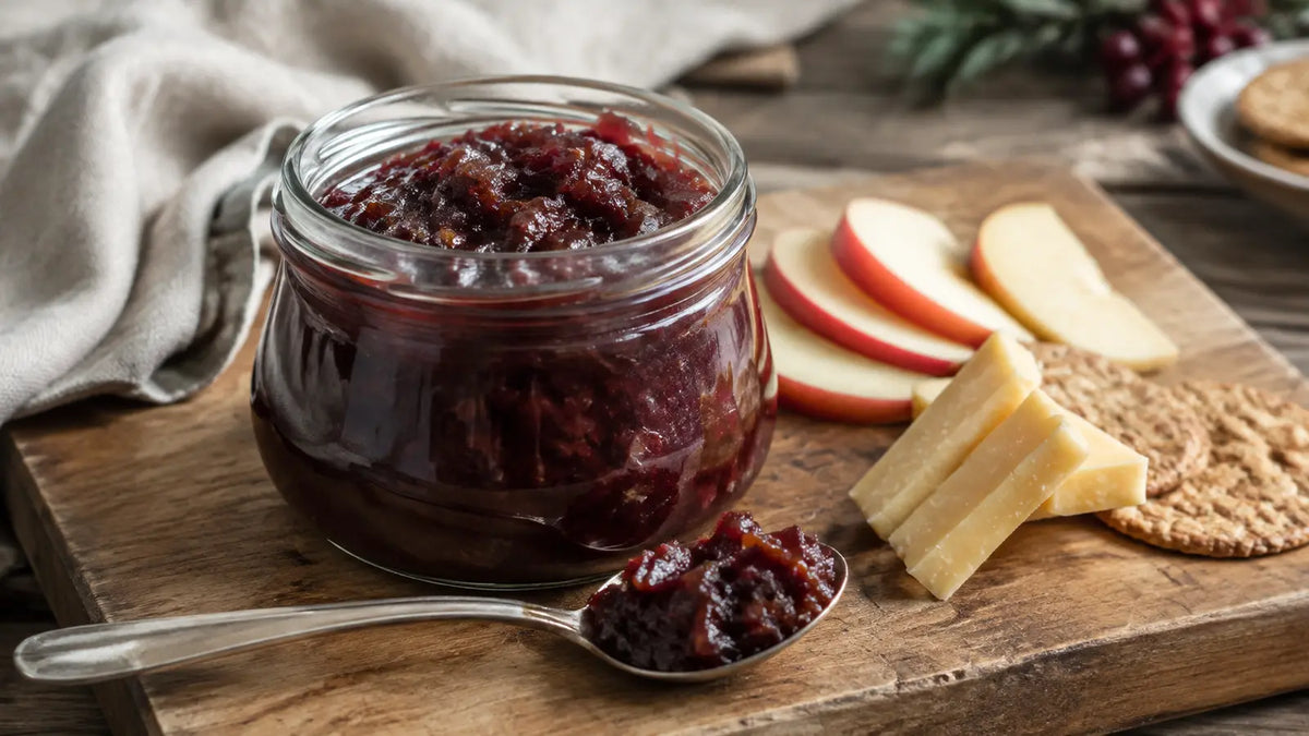 Homemade mulled wine Christmas chutney served with mature cheddar, oatcakes and crisp apple slices.