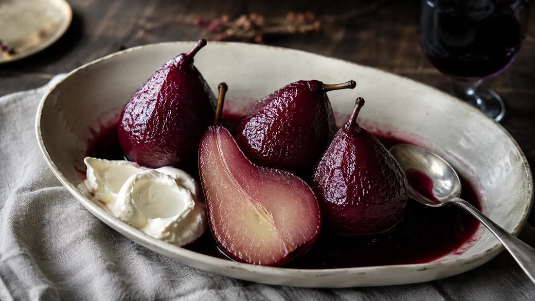 Deep red mulled wine poached pears served with thick mascarpone and glossy spiced wine syrup.