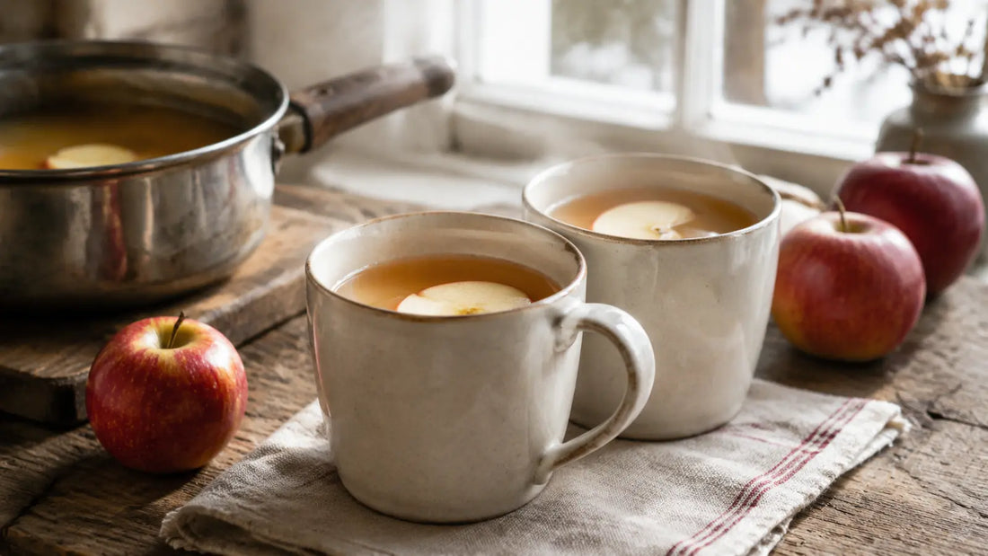 Non-alcoholic mulled apple juice served warm in ceramic mugs with fresh red apples on a rustic kitchen table.