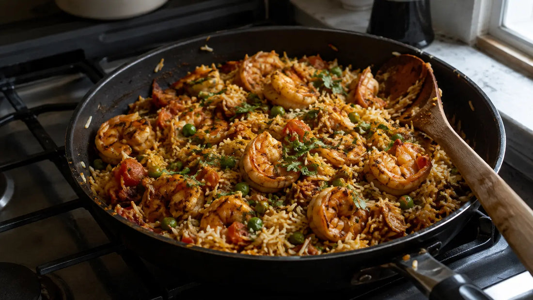 One-pan prawn biryani with king prawns, basmati rice, peas, tomatoes and coriander cooking on the hob.
