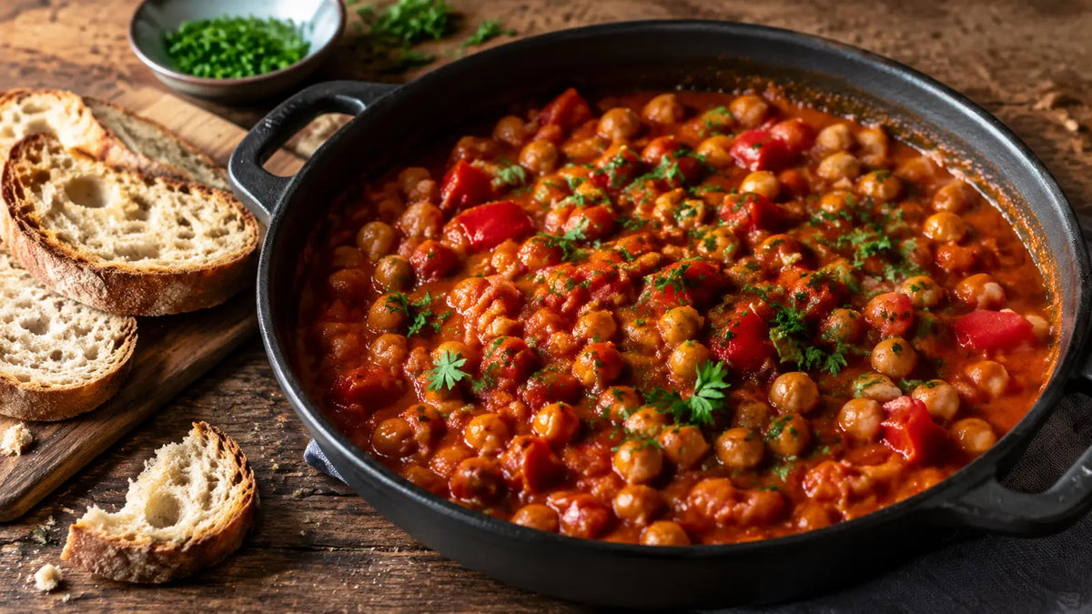 One-pan smoky chickpea stew with tomatoes, red peppers and Smoked Paprika, served with crusty bread.
