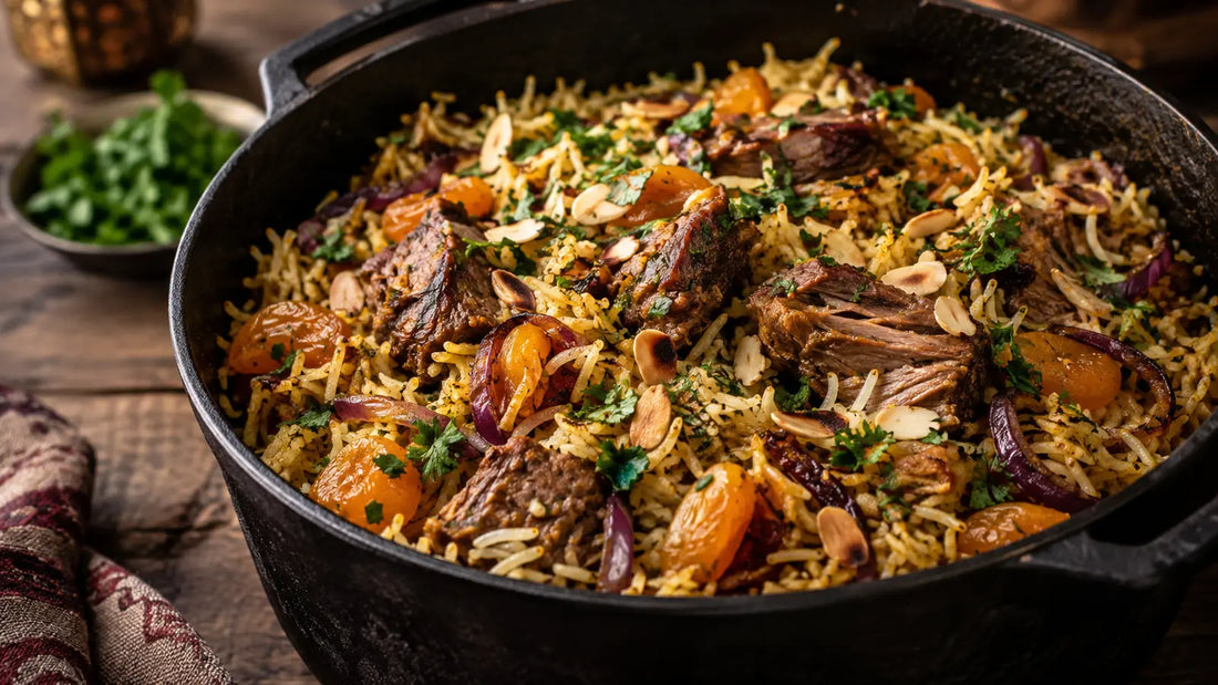 One-pot lamb and apricot pilau with golden rice, toasted almonds and fresh herbs