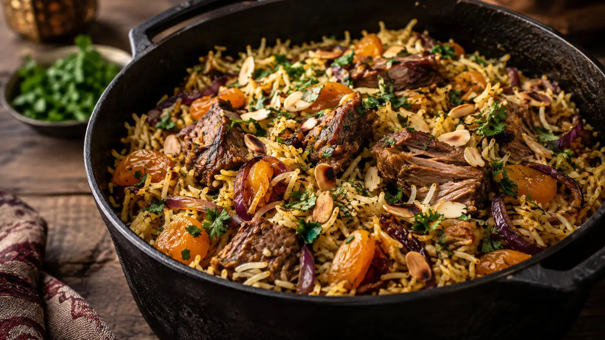 One-pot lamb and apricot pilau with golden rice, toasted almonds and fresh herbs