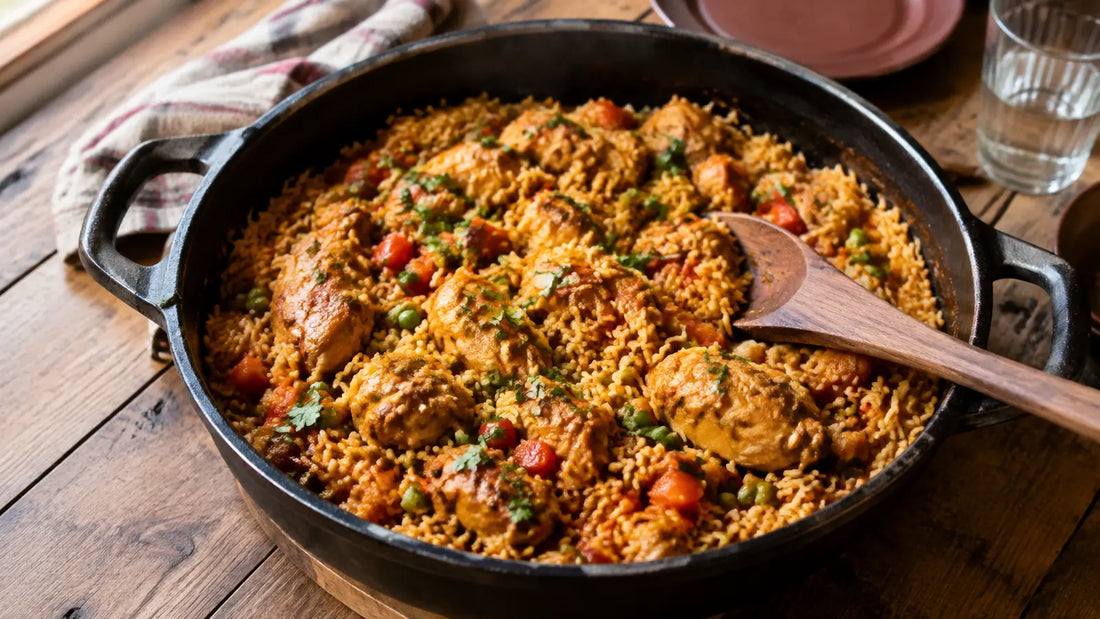 One-pot Tikka Masala chicken and basmati rice with tomatoes, peas, peppers and coriander.