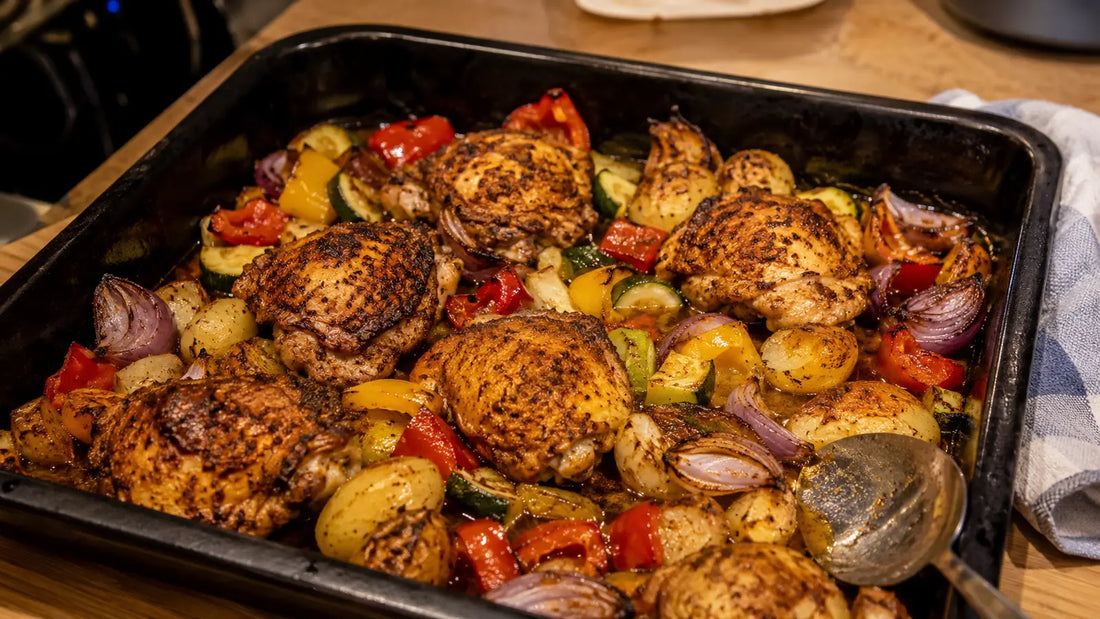 One-tray shawarma chicken roasted with peppers, red onion, courgette and golden potatoes.